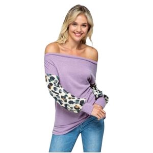 twenty second Lilac Off-Shoulder Sweater with Animal Print Sleeves Size Medium